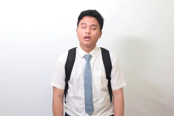Indonesischer Oberschüler Weißer Hemduniform Mit Grauer Krawatte Gähnt Mit Geschlossenen — Stockfoto