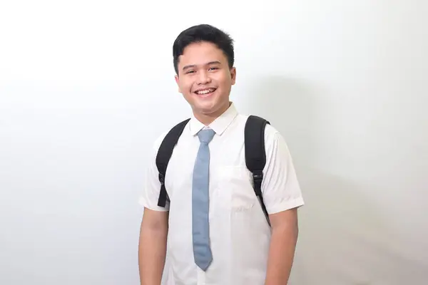 Indonesischer Gymnasiast Weißer Hemduniform Mit Grauer Krawatte Lächelnd Und Die — Stockfoto