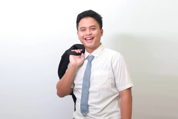 Indonesischer Gymnasiast Weißer Hemduniform Mit Grauer Krawatte Der Seinen Rucksack — Stockfoto