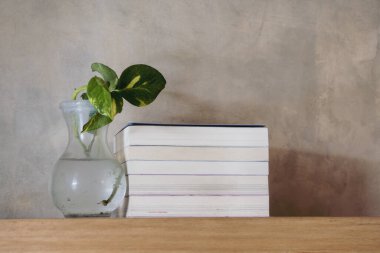 Yüzen ahşap kitaplıkta yığınla kitap. Eğitim ve bilgi kavramı. Okuyacak bir yığın kitap. Evin iç dekorasyonu