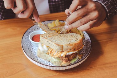 Kızarmış tavuklu tam buğday ekmekli tost, güneşli yumurta ve sos. Sabahları kahvaltı konsepti