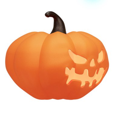 Cadılar Bayramı balkabağı oyma, beyaz arkaplandaki yalıtılmış nesne kırpma yolu, sağ taraf, Cadılar Bayramı bayramı ve Şükran Günü için, Jack O Lantern konsepti, 3D