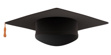 Beyaz arka planda izole edilmiş altın püsküllü ve kurdeleli şapka şapkası, kırpma yolu, öğrenci mezuniyeti, tebrikler, yazı tipi görünümü, 3 boyutlu resim