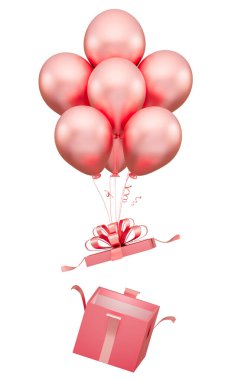 Açık sürpriz, Açık hediye kutusu pembe pastel ve pembe balon süsleme unsurları, kesilmiş, beyaz arka planda kırpma yolu ile izole edilmiş, indirimli ürün konsepti, boks günü indirimi, 3D illüstrasyon