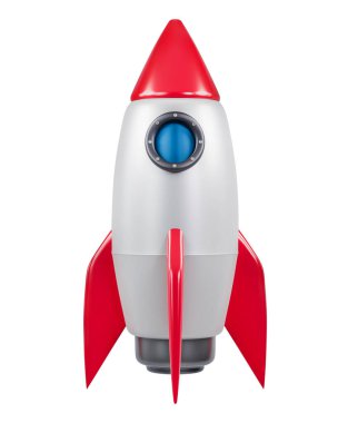 Basit kırmızı, mavi, gümüş retro uzay gemisi ile uzay roketi fırlatma, kırpma yolu ile beyaz arkaplanda izole, Booster başlangıç ve Geliştirici konsepti, 3D simge, 3d illüstrasyon