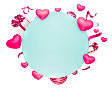 Kart modelleme şablonu, Kalp şeklinde tasarım element dekorasyonu ve hediye kutusu, kesme yolu ile beyaz arkaplanda izole edilmiş, tasarımın için model, kalp satışı, promosyon, 3d illüstrasyon