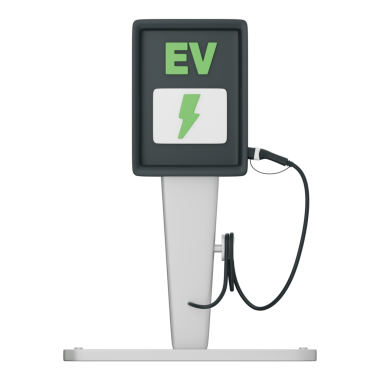 Yeşil yıldırımlı EV şarj istasyonu ve kablo elektrikli arabalar için temiz enerjiyi ve ekolojik ulaşımı sembolize eder. Şeffaf arkaplan üzerinde asgari, modern tasarım, 3d illüstrasyon.