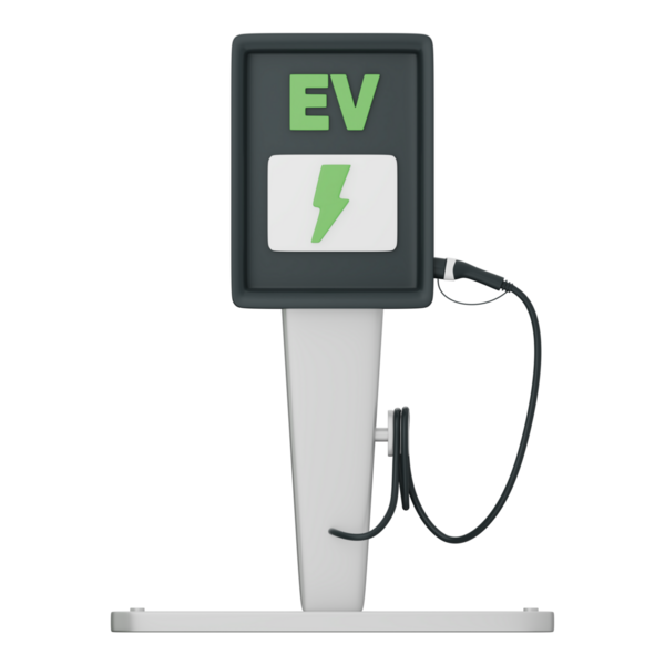 Yeşil yıldırımlı EV şarj istasyonu ve kablo elektrikli arabalar için temiz enerjiyi ve ekolojik ulaşımı sembolize eder. Şeffaf arkaplan üzerinde asgari, modern tasarım, 3d illüstrasyon.