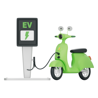 EV istasyonunda elektrikli araç, motosiklet, yeşil enerji, kentsel hareket, temiz ulaşım, eko şehir, akıllı teknoloji, sıfır emisyon, şeffaf arkaplan, 3D illüstrasyon