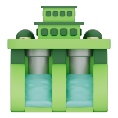 Hidroelektrik baraj, temiz enerji, su türbinleri, yenilenebilir enerji, elektrik üretimi, sürdürülebilirlik için ekolojik çözümler üretir. Şeffaf arkaplan, 3d illüstrasyon.