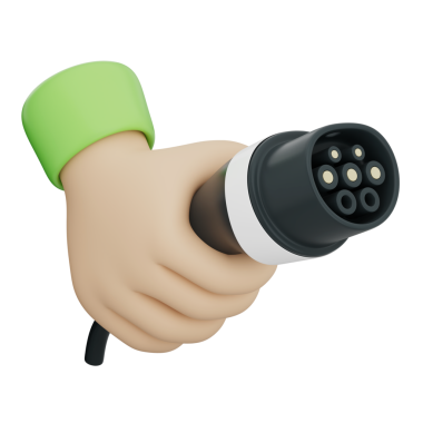 Çizgi film El 'in elinde tip 2 EV tapası, araba için elektrik şarjı konnektörü, yeşil enerjinin sembolü, güç, sürdürülebilirlik, taşınabilir çözüm, akıllı şarj. Şeffaf arkaplan, 3d illüstrasyon.