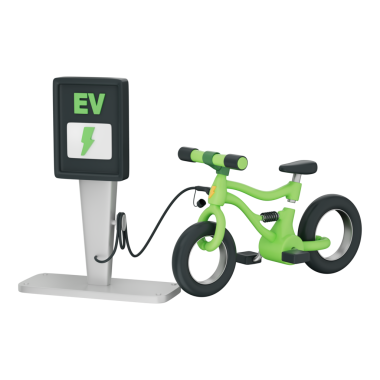 EV şarj istasyonunda şarj prizi ve bataryası olan elektrikli bisiklet temiz enerji ve sürdürülebilir ulaşım gösteriyor. Akıllı şehir için ideal, yeşil güç, eko hareketlilik, şeffaf arkaplan, 3D illüstrasyon.