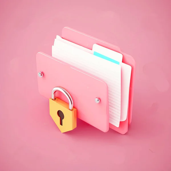 Folder icon with lock isolated on pink background minimal model safe information download on internet computer data storage model real 3d