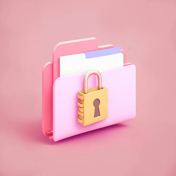 Folder icon with lock isolated on pink background minimal model safe information download on internet computer data storage model real 3d