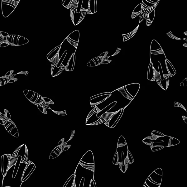 stock vector Space rocket and stars seamless pattern. White on black background.