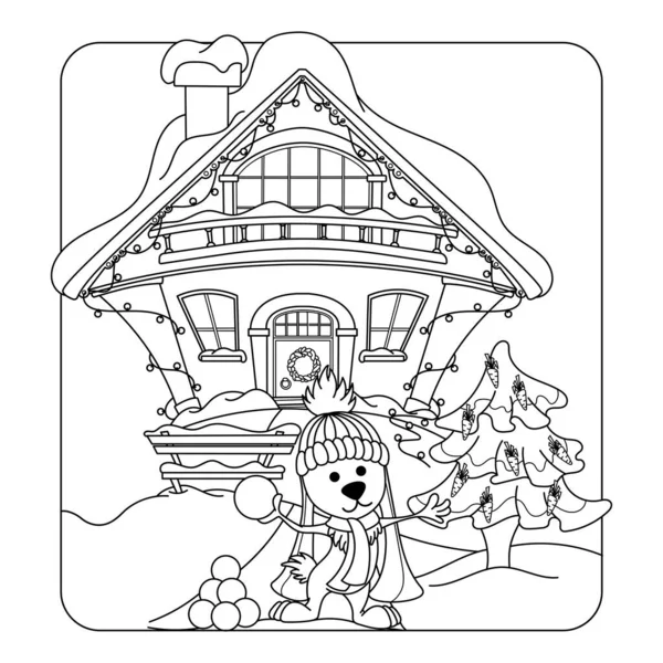 Розмальовка Зимовий Будинок Кролик Сніжними Кульками Ізольовані Білому Тлі — стоковий вектор