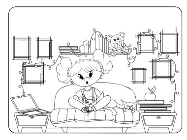 Ev eğitimi boyama sayfası. GIrl evde ev işi yapıyor. Yetişkinler ve çocuklar için stres önleyici.