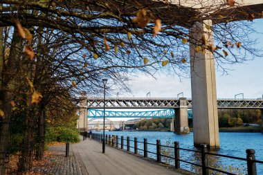 Newcastle UK: 29 Ekim 2024. River Tyne 'ın ünlü köprüleri, güneşli kış öğleden sonra, altın saat boyunca. Sonbahar renkleri manzarayı güçlendirir.