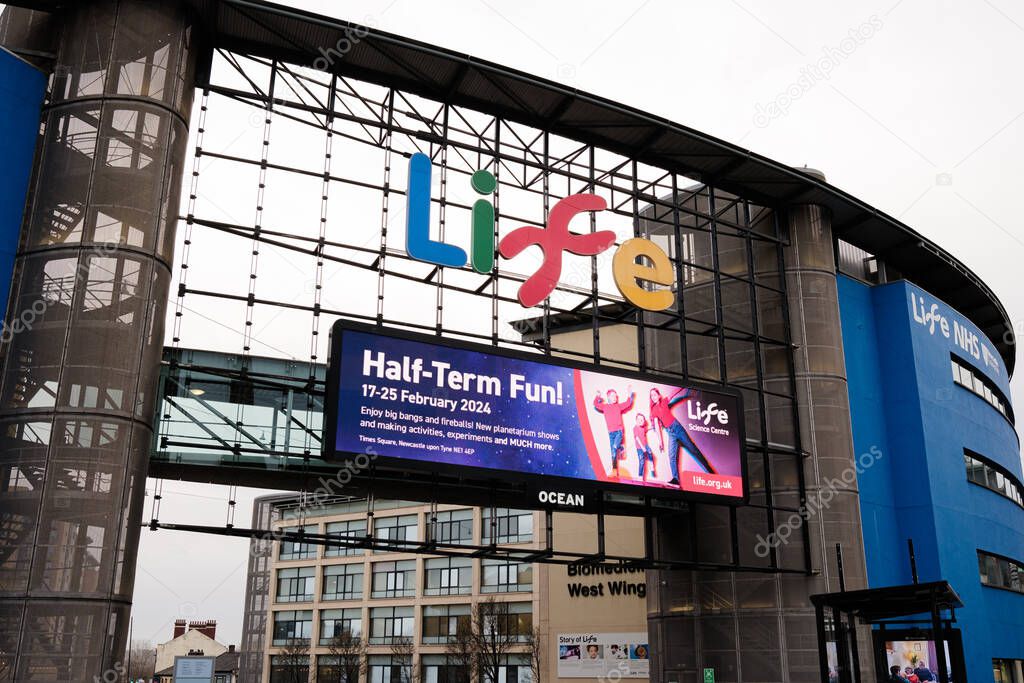 Newcastle upon Tyne UK:19th Feb 2024: Centre for Life exterior and half term billboard sign