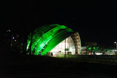 Glasgow İskoçya: 11 Şubat 2024: SEC Armadillo Glasgow 'un dışı gece aydınlandı