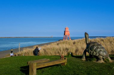 South Shields UK: 22 Şubat 2024: Güney Shields Littlehaven Plajı Kaplumbağa Heykeli 'nde güneşli bir kış günü