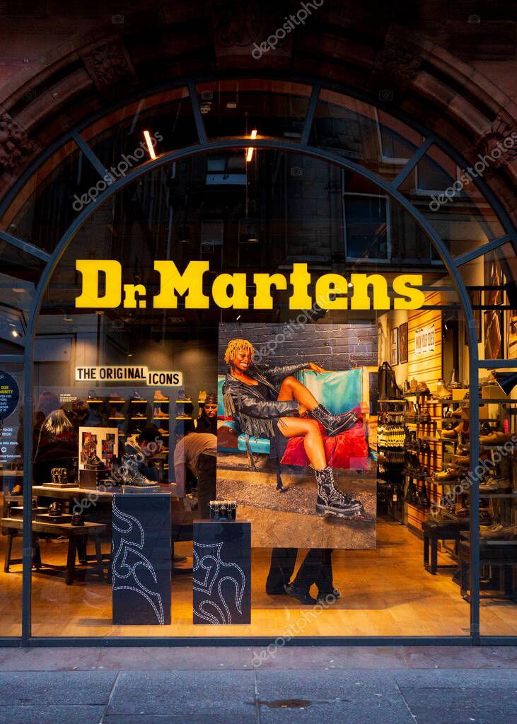 Glasgow Scotland: 11th Feb 2024: Dr Martens store exterior illuminated on Buchanan Street