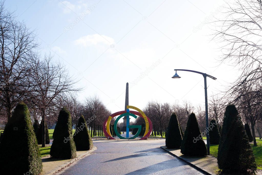 Glasgow Scotland: 12th Feb 2024: Glasgow Green 2014 Commonwealth Games statue monument