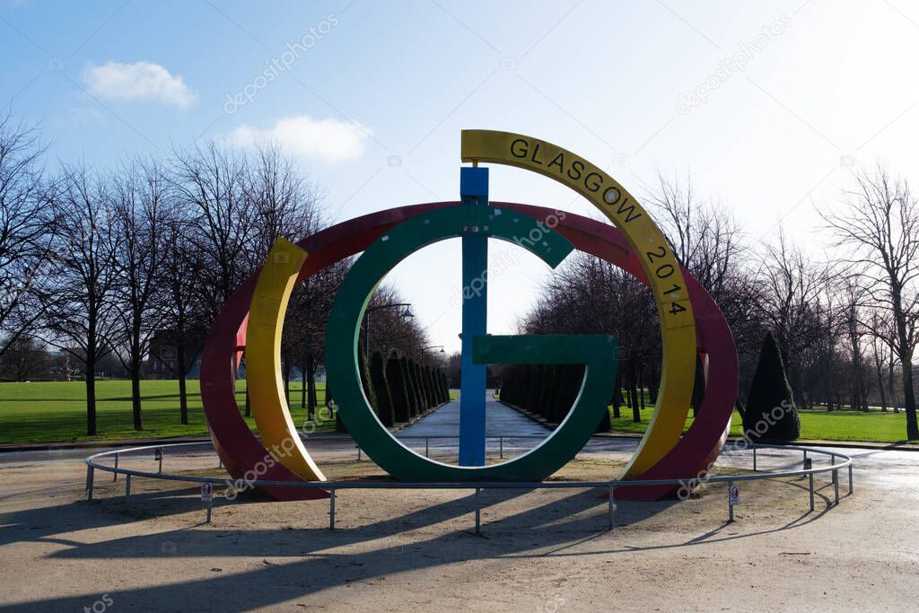 Glasgow Scotland: 12th Feb 2024: Glasgow Green 2014 Commonwealth Games statue monument