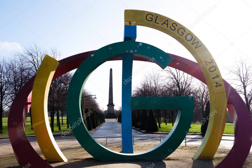 Glasgow Scotland: 12th Feb 2024: Glasgow Green 2014 Commonwealth Games statue monument