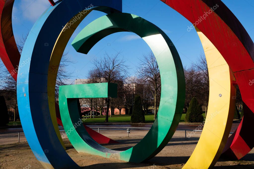 Glasgow Scotland: 12th Feb 2024: Glasgow Green 2014 Commonwealth Games statue monument