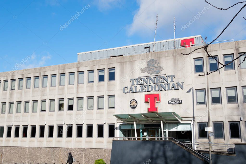 Glasgow Scotland: 12th Feb 2024: Tennent's Brewery Wellpark Tennent Caledonian exterior of factory. Home of Scottish beer Tennent's Lager