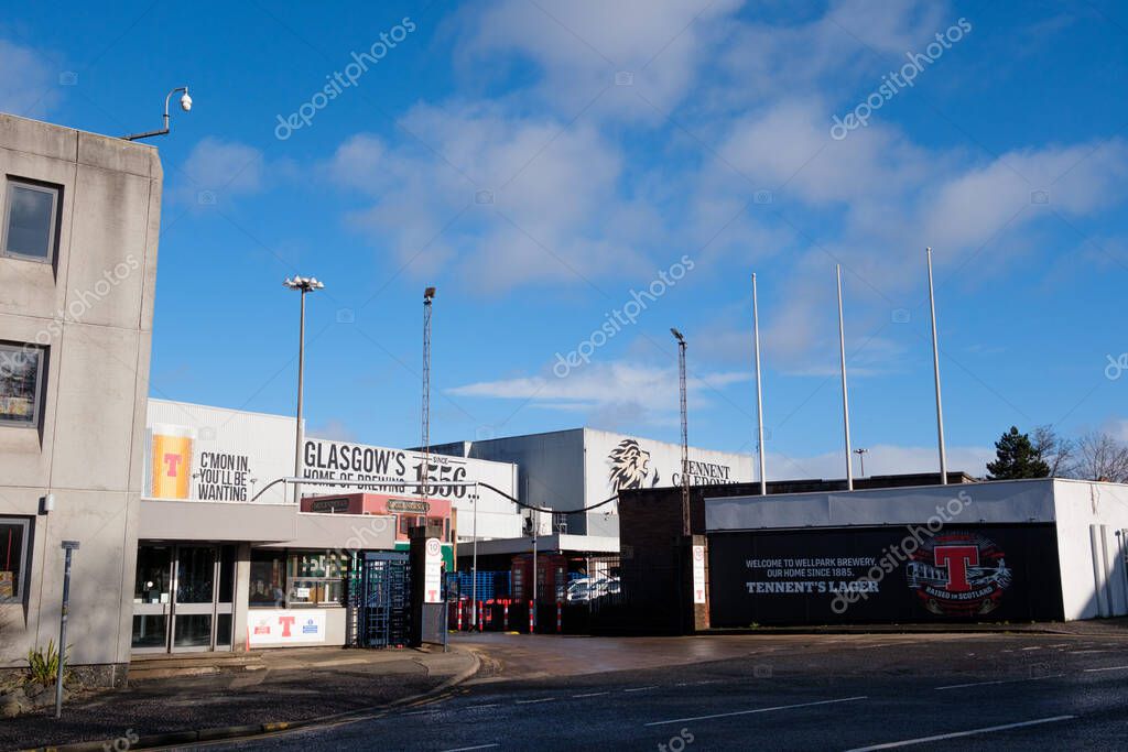 Glasgow Scotland: 12th Feb 2024: Tennent's Brewery Wellpark Tennent Caledonian exterior of factory. Home of Scottish beer Tennent's Lager
