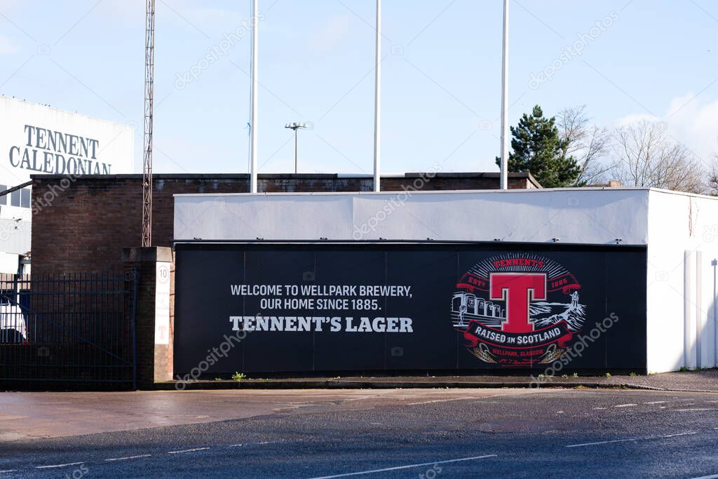 Glasgow Scotland: 12th Feb 2024: Tennent's Brewery Wellpark Tennent Caledonian exterior of factory. Home of Scottish beer Tennent's Lager