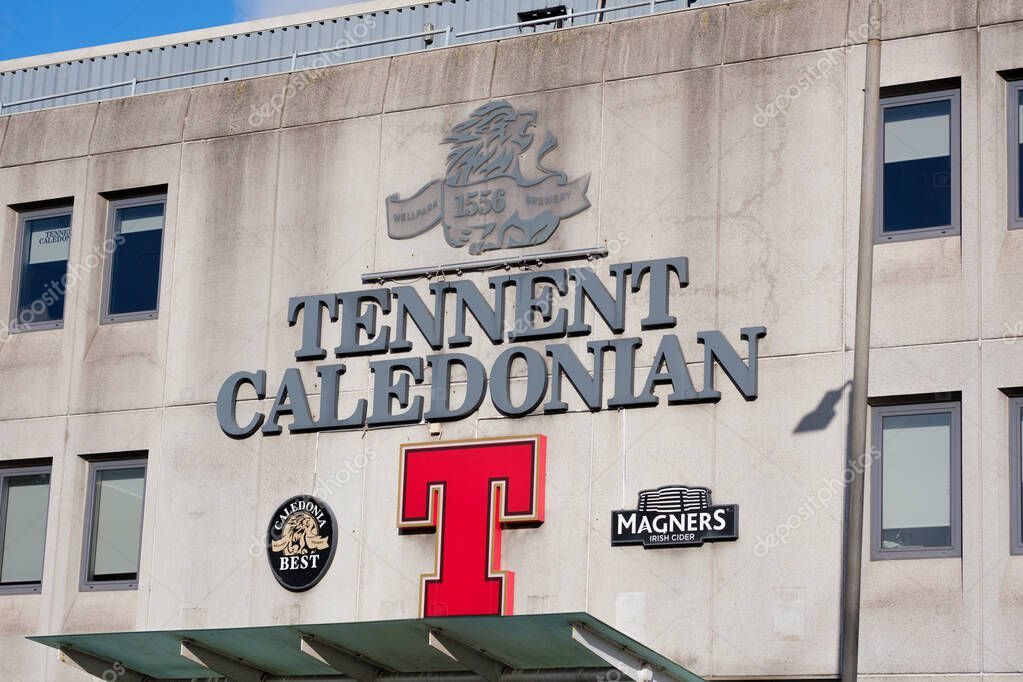 Glasgow Scotland: 12th Feb 2024: Tennent's Brewery Wellpark Tennent Caledonian exterior of factory. Home of Scottish beer Tennent's Lager