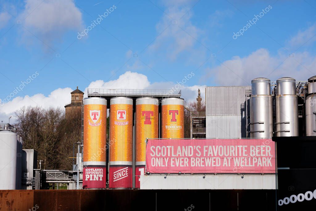 Glasgow Scotland: 12th Feb 2024: Tennent's Brewery Wellpark Tennent Caledonian exterior of factory. Home of Scottish beer Tennent's Lager