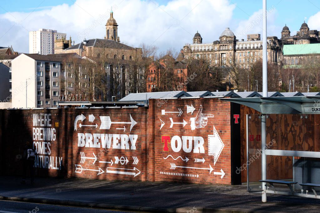 Glasgow Scotland: 12th Feb 2024: Tennent's Brewery Wellpark Tennent Caledonian exterior of factory. Home of Scottish beer Tennent's Lager