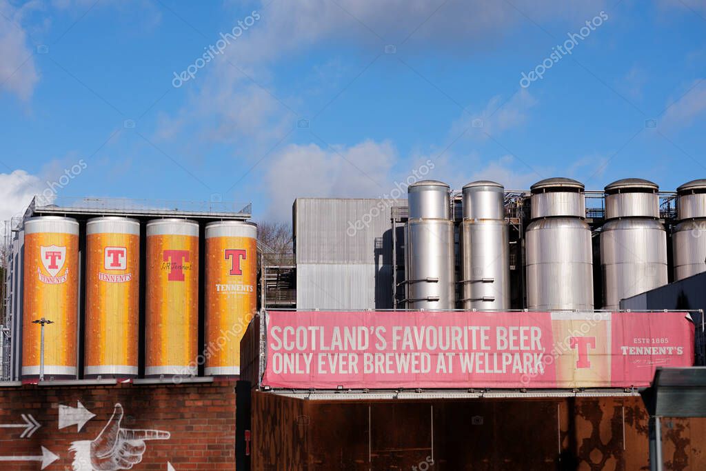 Glasgow Scotland: 12th Feb 2024: Tennent's Brewery Wellpark Tennent Caledonian exterior of factory. Home of Scottish beer Tennent's Lager