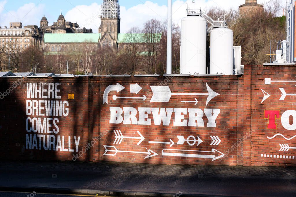 Glasgow Scotland: 12th Feb 2024: Tennent's Brewery Wellpark Tennent Caledonian exterior of factory. Home of Scottish beer Tennent's Lager