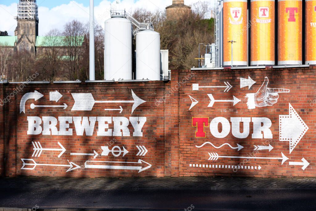 Glasgow Scotland: 12th Feb 2024: Tennent's Brewery Wellpark Tennent Caledonian exterior of factory. Home of Scottish beer Tennent's Lager