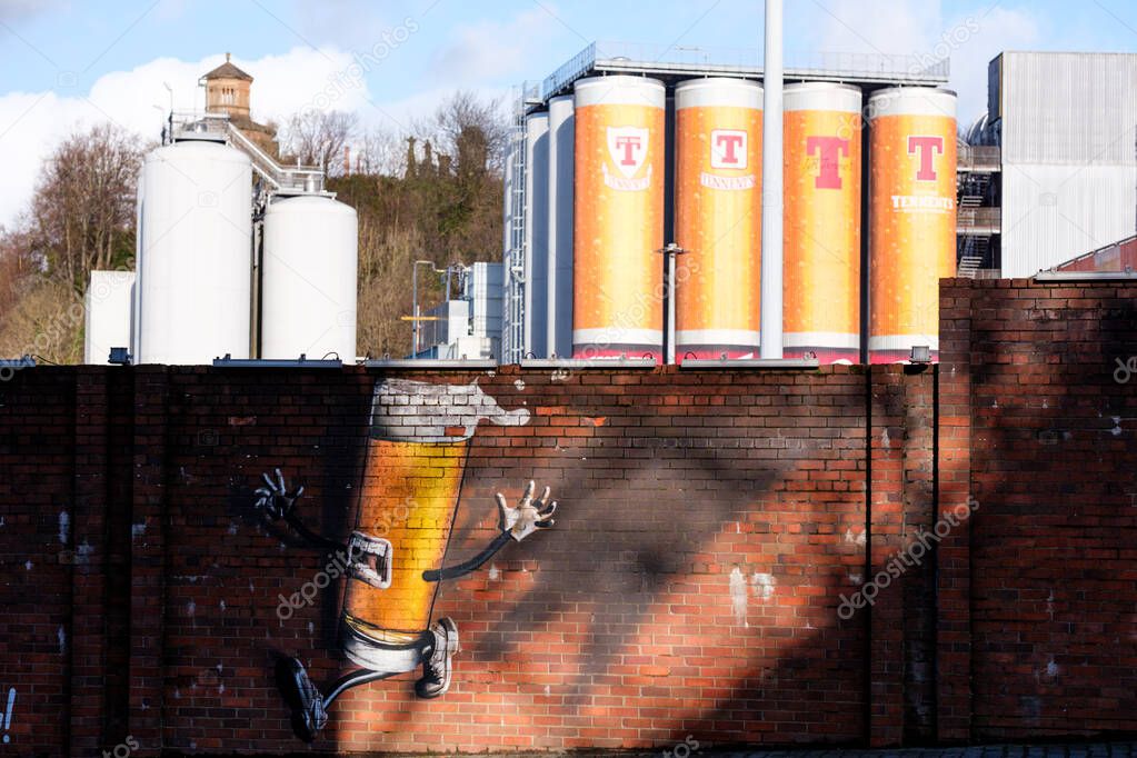 Glasgow Scotland: 12th Feb 2024: Tennent's Brewery Wellpark Tennent Caledonian exterior of factory. Home of Scottish beer Tennent's Lager