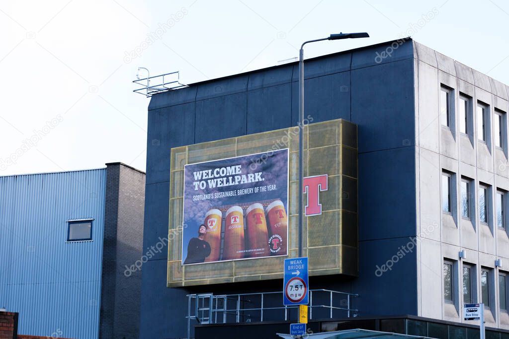 Glasgow Scotland: 12th Feb 2024: Tennent's Brewery Wellpark Tennent Caledonian exterior of factory. Home of Scottish beer Tennent's Lager
