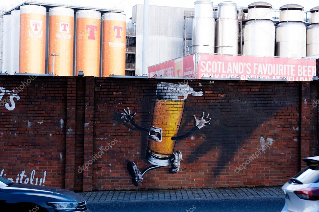 Glasgow Scotland: 12th Feb 2024: Tennent's Brewery Wellpark Tennent Caledonian exterior of factory. Home of Scottish beer Tennent's Lager