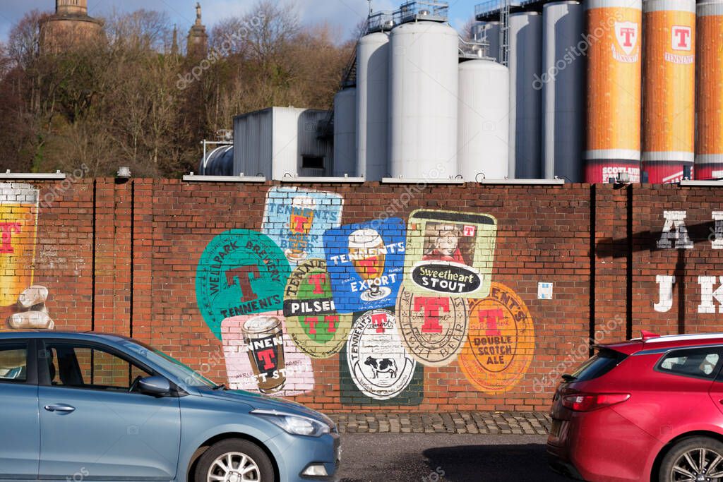 Glasgow Scotland: 12th Feb 2024: Tennent's Brewery Wellpark Tennent Caledonian exterior of factory. Home of Scottish beer Tennent's Lager