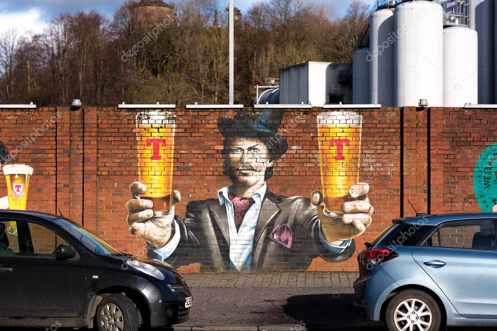 Glasgow Scotland: 12th Feb 2024: Tennent's Brewery Wellpark Tennent Caledonian exterior of factory. Home of Scottish beer Tennent's Lager