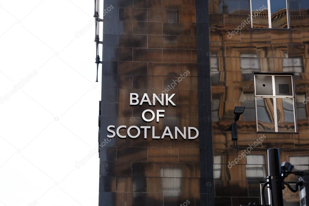 Glasgow Scotland: 12th Feb 2024: Bank of Scorland sign on branch exterior