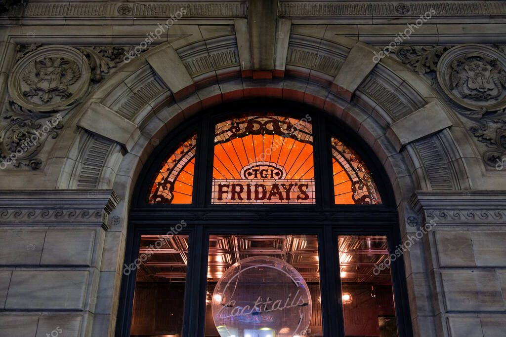 Glasgow Scotland: 12th Feb 2024: Exterior of TGI Fridays with stain glass windows