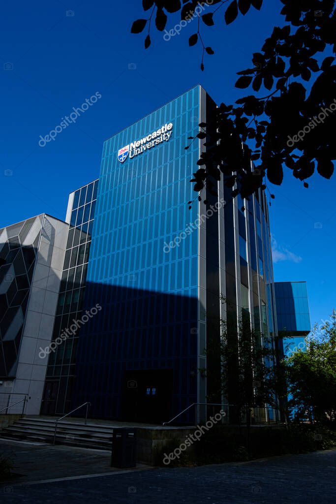 Newcastle UK: 8th June 2024: Newcastle University building exterior sign. Newcastle Helix on a sunny blue sky day