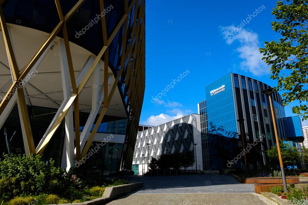 Newcastle UK: 8th June 2024: Newcastle University building exterior sign. Newcastle Helix on a sunny blue sky day