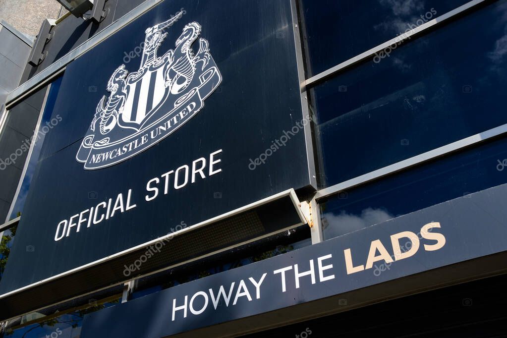 Newcastle UK: 8th June 2024: A close-up shot of the Newcastle United Official Store sign outside St. James Park howay the lads