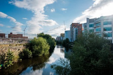 Leeds England: 3 Haziran 2024: Leeds Tren İstasyonu yakınlarındaki kanal manzarası şehir gelişimini ve doğayı açık havada gösteriyor